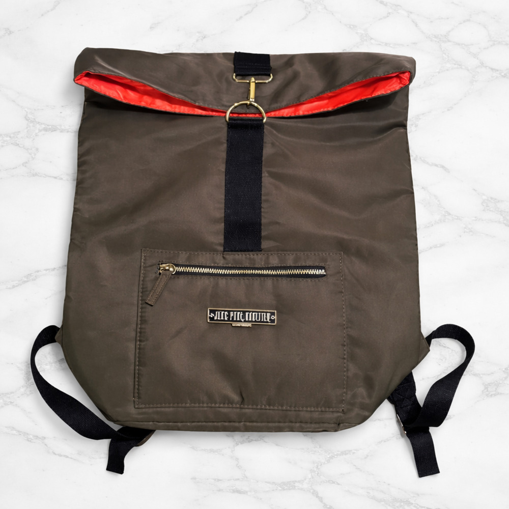 Jean Paul Gaultier Backpack Army Green Nylon Roll Top Foldover Orange Lining Des